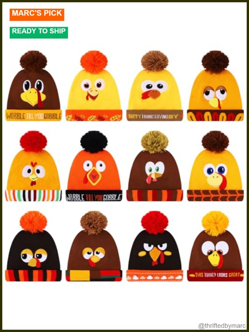 Turkey Trot Beanie Hat 12 Pack Knit Thanksgiving Costume One Size Fits Most